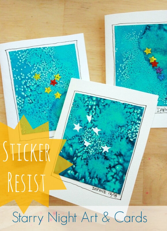 Sticker Resist Starry Night Art and Cards -- Easy for kids to make and BEAUTIFUL!