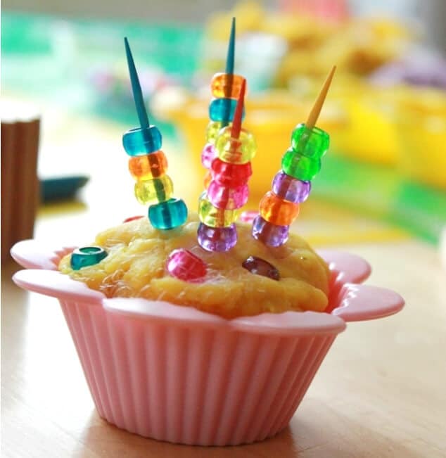 Pretend Play Ideas with Playdough - Cupcake decorating with toothpicks and plastic pony beads