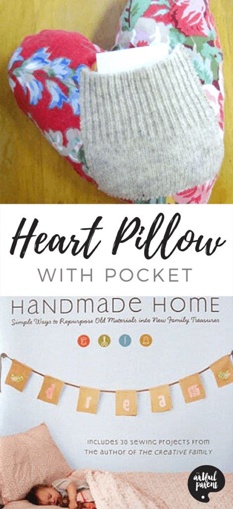 A simple handmade heart pillow with pocket made from upcycled materials. This makes a lovely Valentine's Day gift with a love note inside! #valentinecraft #valentinesday #heart #handmade #valentinesdaygiftideas