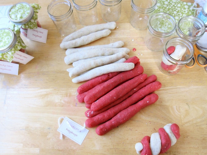 candy cane play dough rolled out to twist