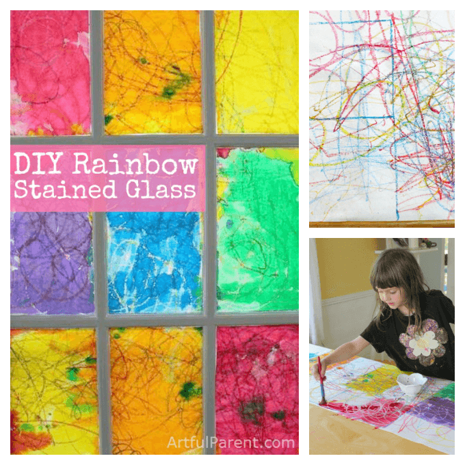 DIY faux rainbow stained glass window that is easy to make and will surely brighten up your room! Use a crayon and watercolor resist art technique to make your own stained glass.