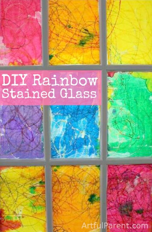 DIY faux rainbow stained glass window that is easy to make and will surely brighten up your room! Use a crayon and watercolor resist art technique to make your own stained glass.