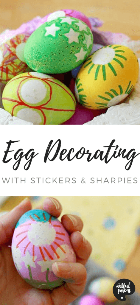 Try Easter egg decorating with this sticker resist technique. Add in Sharpie marker designs for extra fun and detail. Great for kids! #easter #eastereggs #artsandcrafts #eastercrafts #kidsactivities #kidscrafts