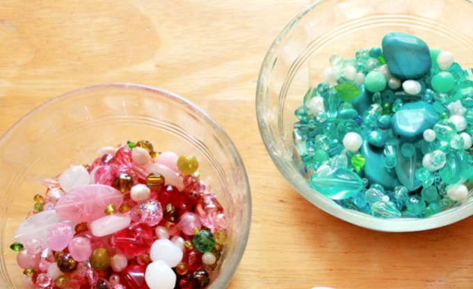 Bowls of pink and blue beads