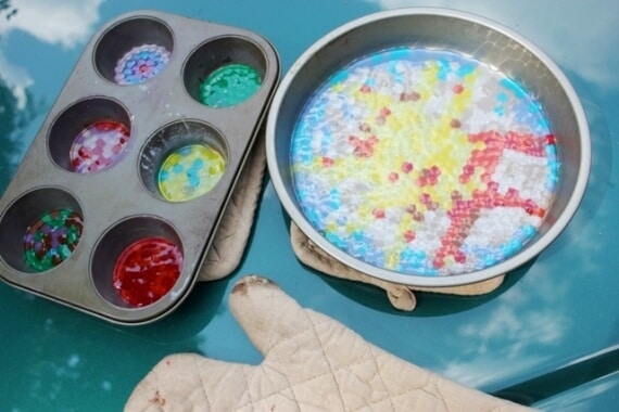 melted bead suncatchers in metal baking trays