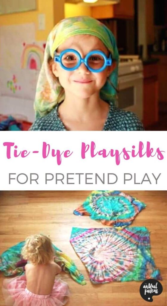Step by step instructions on how to tie dye scarves and playsilks, including how to make tie dye hearts, sunbursts, and other fun designs.