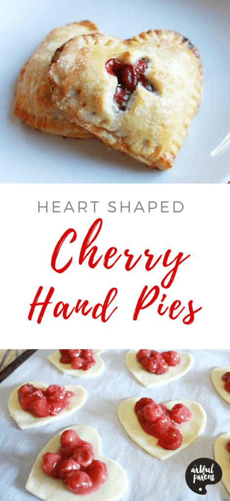 Heart shaped cherry pie Roll out pie crusts and cut into heart shapes (you’ll need pairs of course). Put a dollop of pie filling in the center, of just half of the hearts. Try to stay in the middle of the heart, you don’t want a leaky, sticky mess (we’re being loving folks!). Cover with extra hearts, and seal edges using a fork.