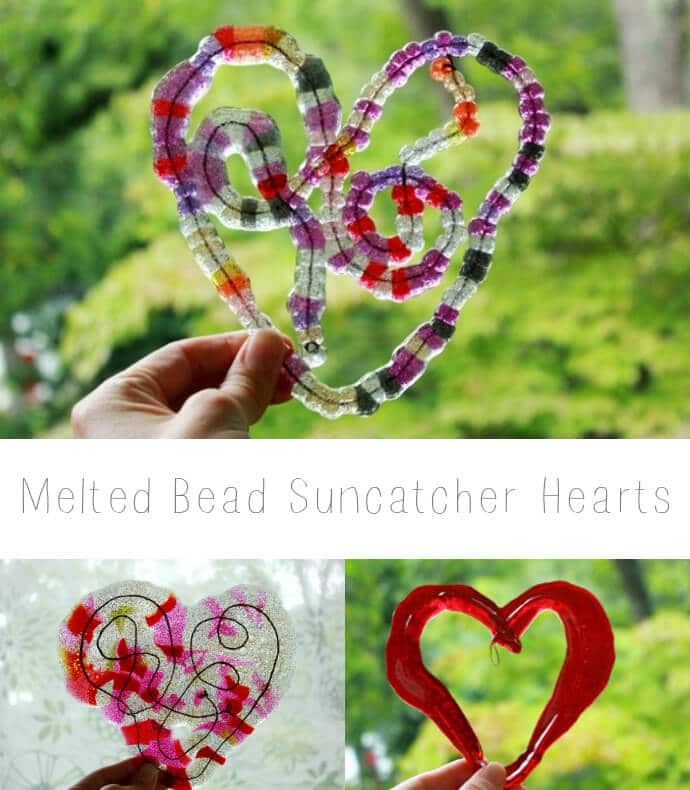 Melted Bead Suncatchers -- Beautiful free form hearts using plastic pony beads!