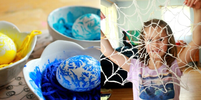 Yarn Art For Kids – Yarn Spiderwebs and Yarn Printed Eggs