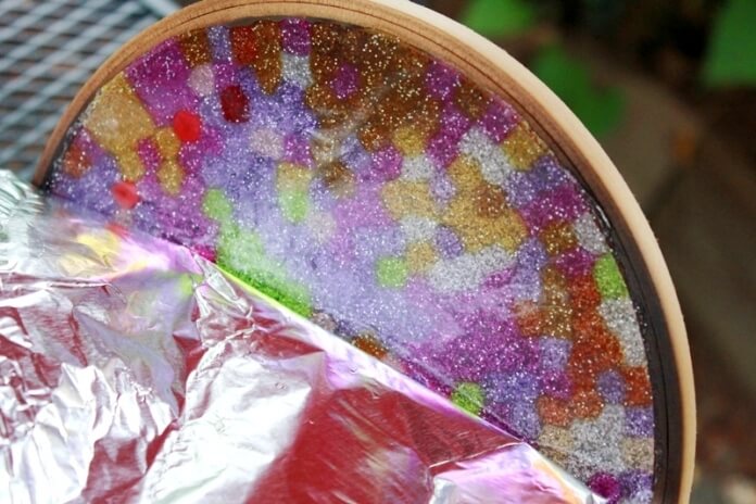 Plastic Bead Suncatchers in Embroidery Hoop Frames - cool and peel foil