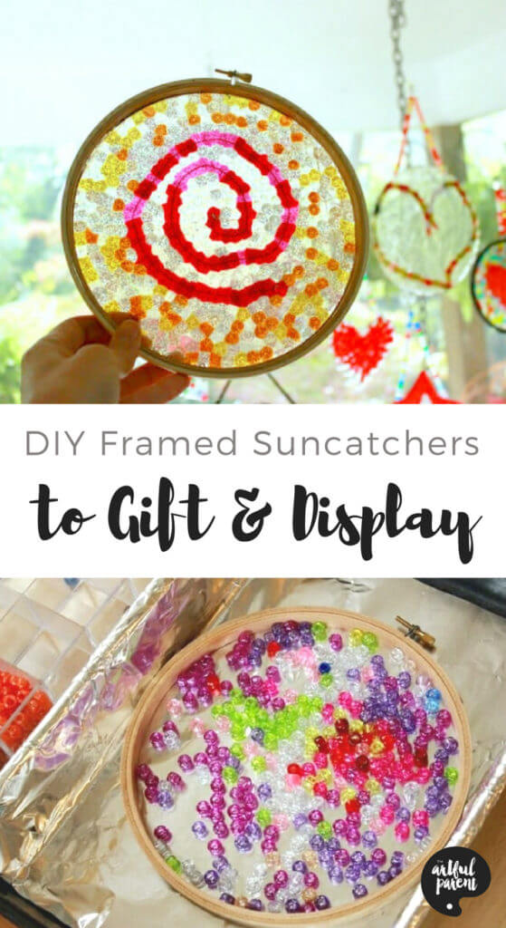 How to make colorful melted beads suncatchers that are wonderful for displaying or gift giving. This is an easy and fast way to make melted bead suncatchers with a simple built-in frame. #suncatchers #bead #craftsforkids #artsandcrafts #crafting 