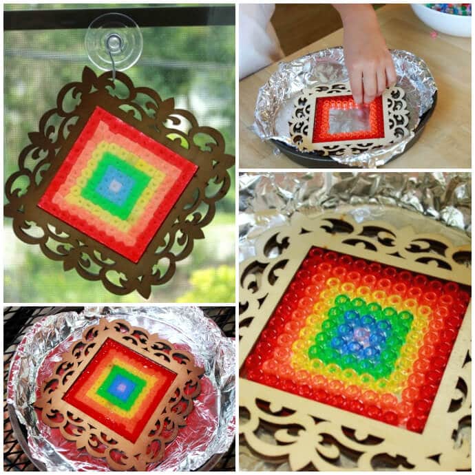 Homemade Suncatchers with Plastic Beads - Rainbow Melted Bead Suncatcher in a Wood Die Cut Frame