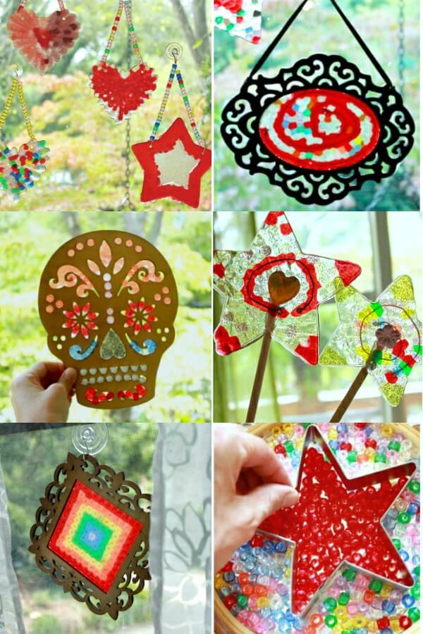 Fun & unique ways to make homemade suncatchers with plastic beads. We use translucent pony beads and melt them on the grill for these suncatcher crafts. #suncatchers #bead #craftsforkids #artsandcrafts #crafting