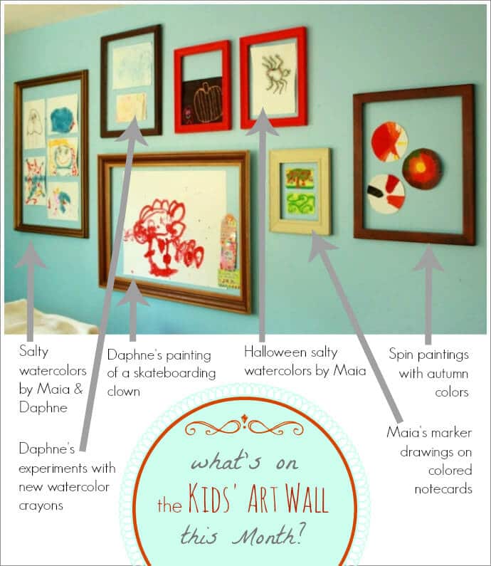 Whats on the Kids Art Wall this Month -- a mix of favorite techniques (salty watercolors, spin art) with seasonal colors and themes.