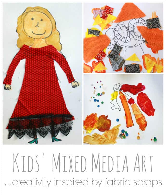 Kids Mixed Media Art -- inspiring creativity with fabric scraps!