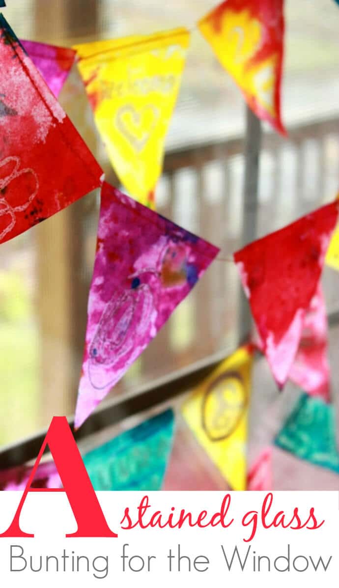 A Stained Glass Bunting for the Window! Kid-friendly art activity with melted crayon drawing, watercolor, and oil. Beautiful!!