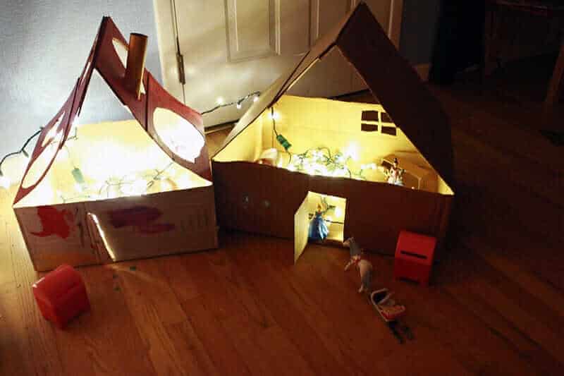 Playing with DIY Cardboard Dollhouse with Lights!