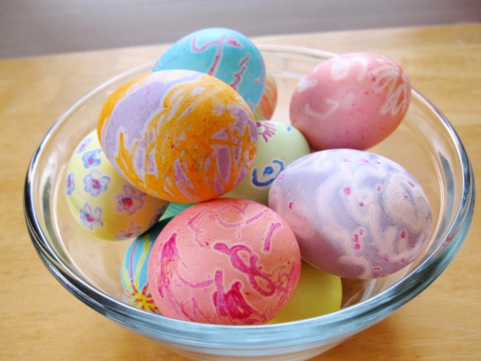 Melted crayon eggs in a bowl