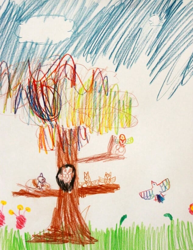 On the  Kids Art Display Wall This Month - Colored pencil drawing of a tree and birds by Maia