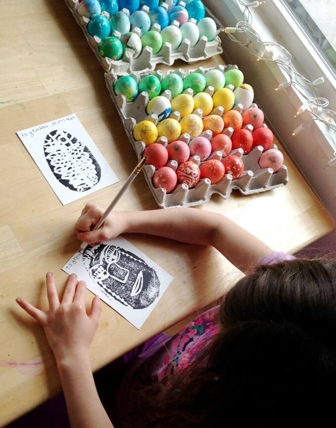 Styrofoam Printmaking with Kids - Printed Face Art and Easter Eggs