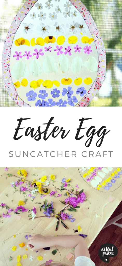 This Easter egg suncatcher craft for kids is a combination of two of our favorite spring suncatchers. It uses spring flower petals and contact paper for a beautiful window display. #easter #eastereggs #artsandcrafts #eastercrafts #kidsactivities #kidscrafts
