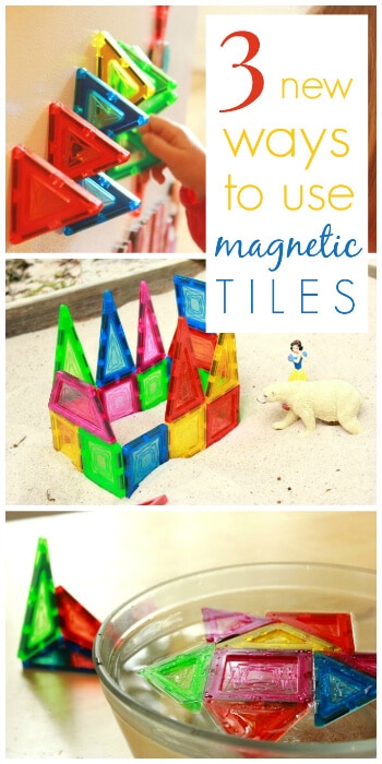 Three unique ways to use magnetic tiles for kids - on the fridge, in water, and in the sandbox. Magnetic tiles are one of the most consistently used toy in our house. They are open-ended and can be used in so many different ways! #toys #kidsactivities #playmatters #play