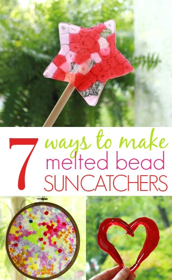 7 of our favorite ways to make melted pony bead suncatchers on the grill (or in the oven). These homemade suncatchers are easy to make, durable & beautiful! #suncatchers #crafts #craftsforkids #artsandcrafts #bead 