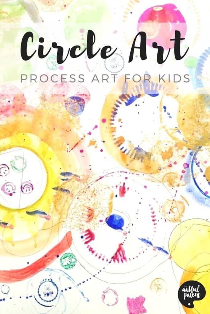 This circle art activity is a great open ended art activity for kids with new tools, materials, and techniques added as interest demands. #kidsart #printmaking #kidspainting #kidsactivities #artforkids #paintingtechniques #preschoolers #arteducation