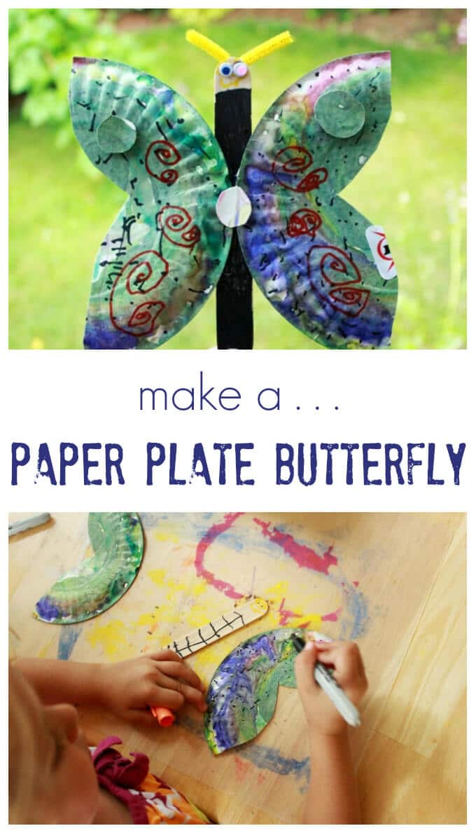 This simple paper plate butterfly craft starts with our favorite shaving cream marbling technique then allows for additional decoration of the butterfly. #butterfly #kidscraft #artsandcrafts #butterfly #kidsactivities #craftsforkids 