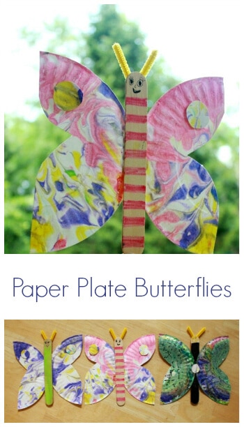 This simple paper plate butterfly craft starts with our favorite shaving cream marbling technique then allows for additional decoration of the butterfly. #butterfly #kidscraft #artsandcrafts #butterfly #kidsactivities #craftsforkids 