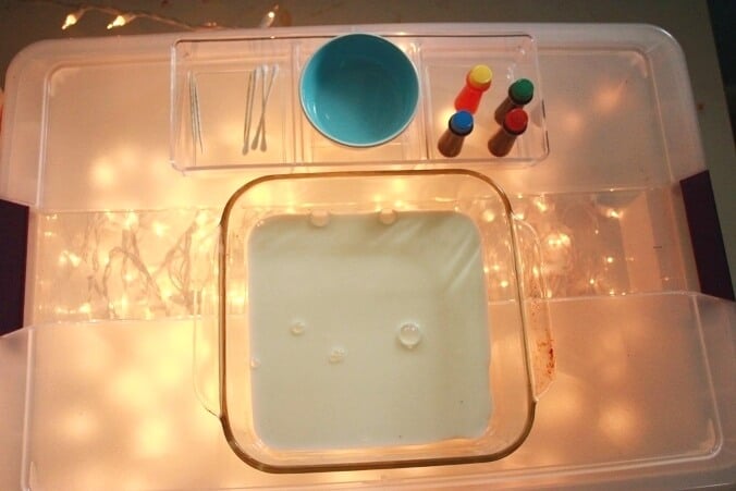 Rainbow Milk Science Experiment - the set up