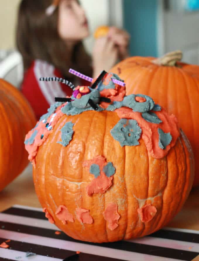 Playdough Pumpkin Faces Halloween Decorating Activity for Kids