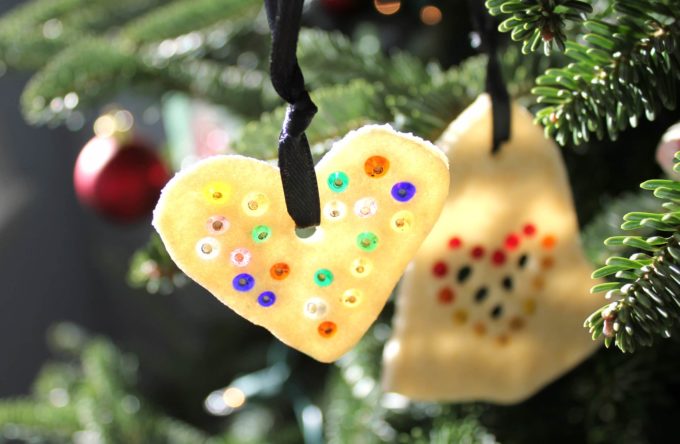 Beaded Salt Dough Ornaments hanging on Christmas tree
