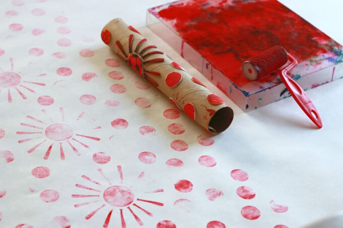 Handmade Wrapping Paper with Foam Stickers on Cardboard Tube