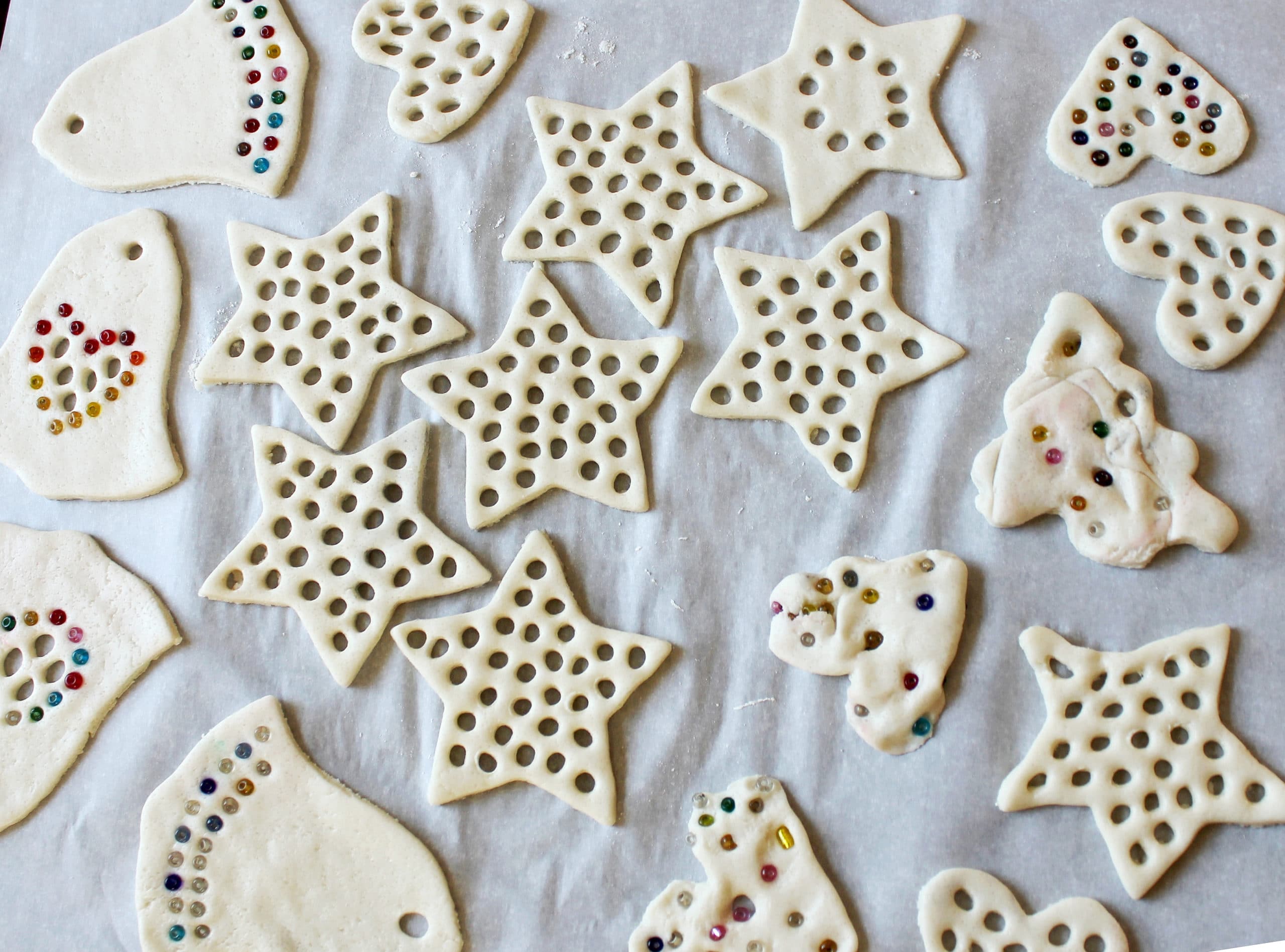 Hole punched salt dough ornaments with beads