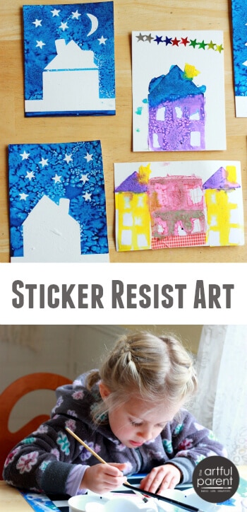 Sticker Resist Art Project for Kids - Houses, cities, trees, cars