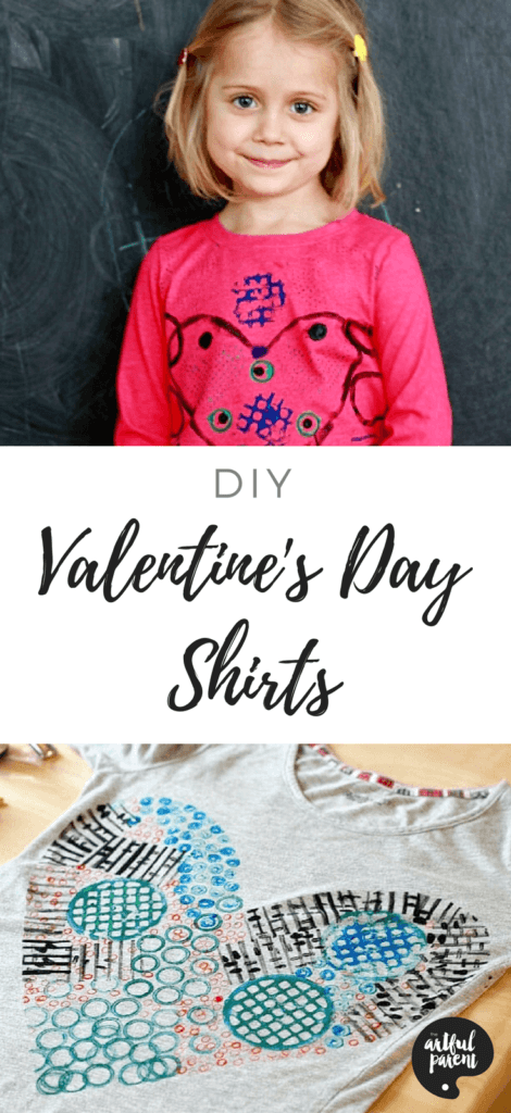 Learn how to make DIY Valentines Day shirts with a modern look. Print with every day objects to create this fun Valentine's Day craft. #heart #valentinesday #diyheartshirt #easyheartshirts #diyvalentinesshirtsforkids