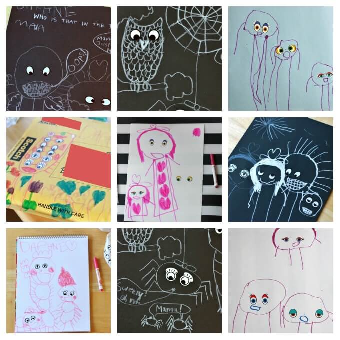 Drawing Prompts for Kids with Eye Stickers - Finished Drawings