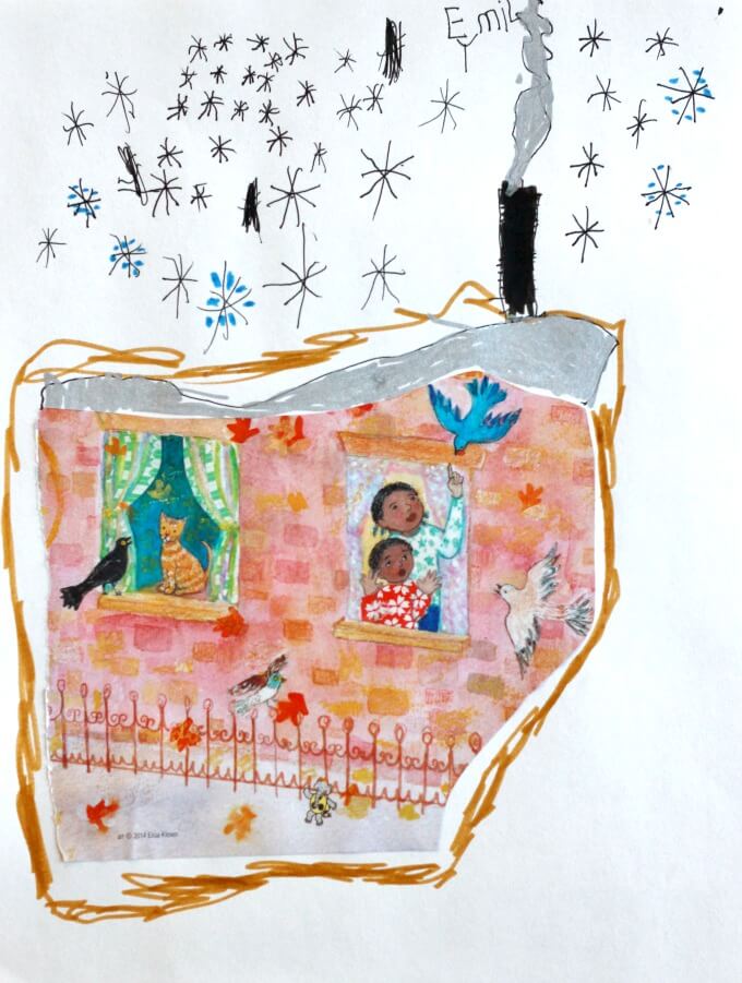 Magazine Pictures as Drawing Prompts for Kids - Emily's house in a snowstorm