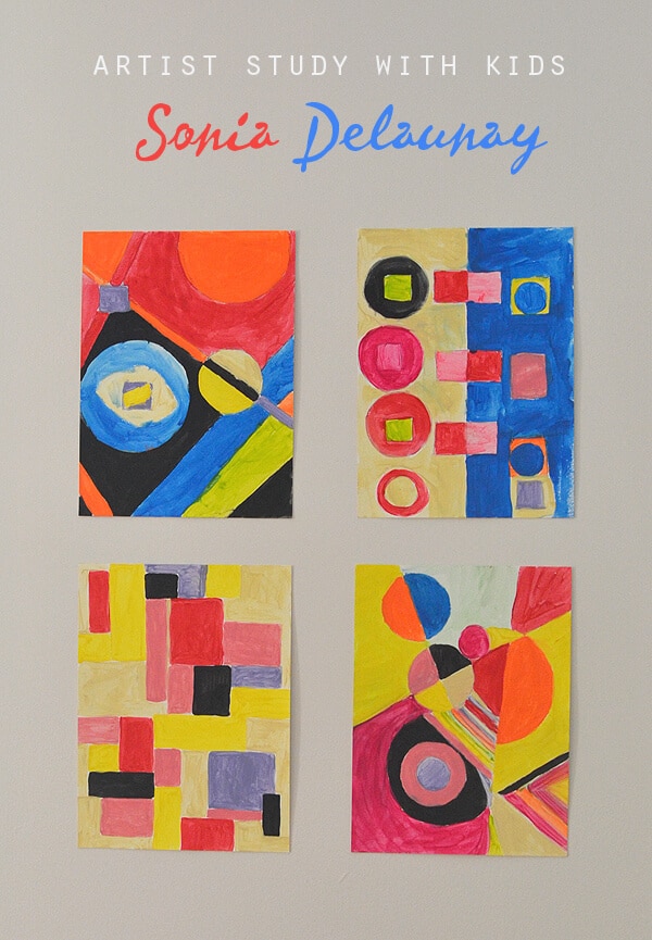 Learning about the artist Sonia Delaunay and taking a process-oriented approach to exploring her style of painting. A great way for kids to learn her art! #kidsart #painting #artsandcrafts #paintingforkids #paintingideas #artforkids #arteducation