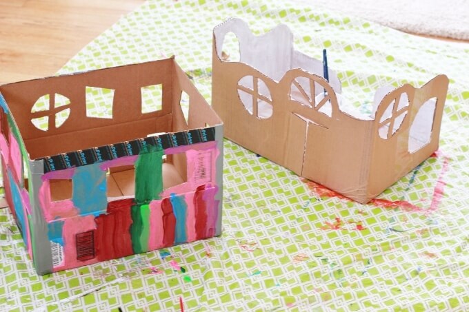 Painting Fairy Houses Made from Cardboard Boxes