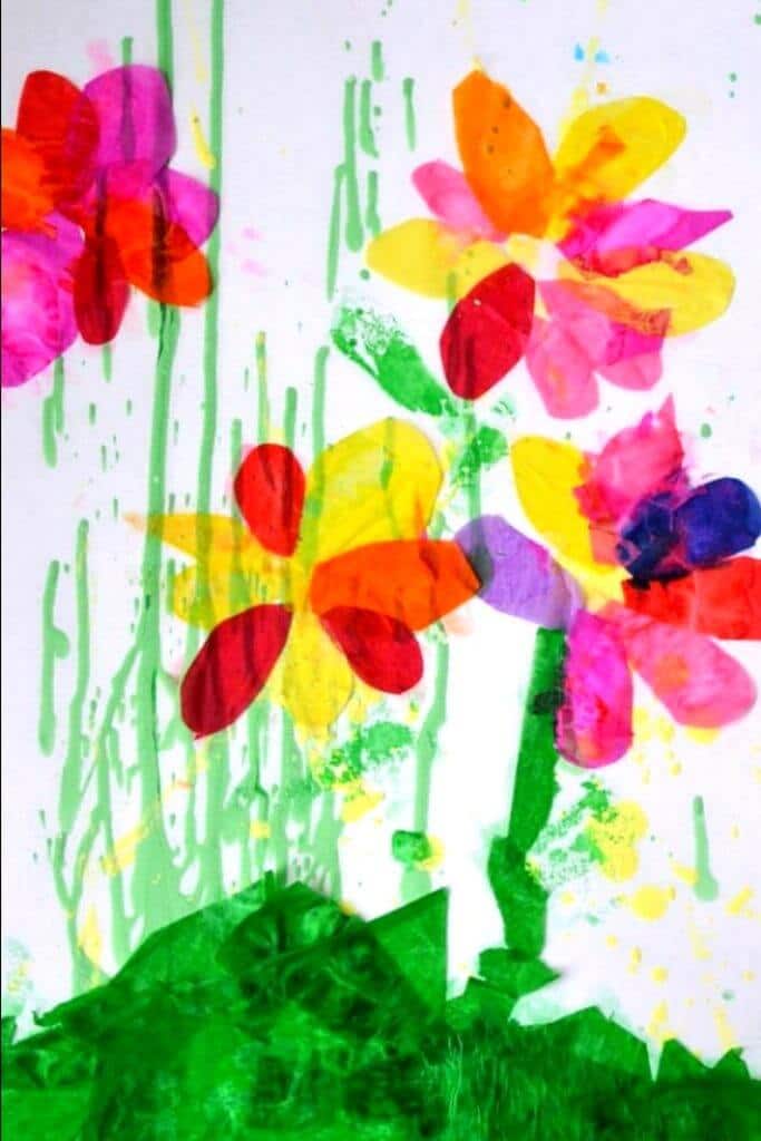 Kids Spring Collage Artwork with Gravity Painting