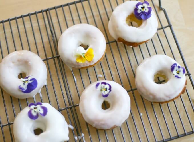 Baked Buttermilk Doughnuts with Vanilla Glaze and Edible Flowers