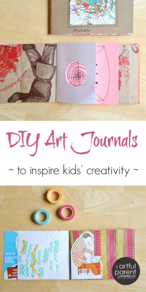 Make DIY art journals for kids with recycled and upcycled materials and include creative drawing prompts such as holes, magazine images, and altered pages. #kidsactivities #artjournal #kidsart #handmade #creativehome
