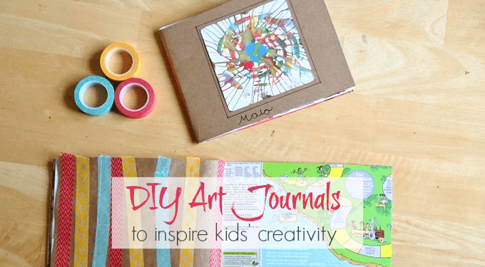 DIY Art journal, has a cardboard outside with an abstract splat painting in the front, and covered in red, yellow, and blue washi tape.