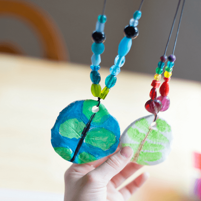 Clay Leaf Print Pendants with Beaded Cord