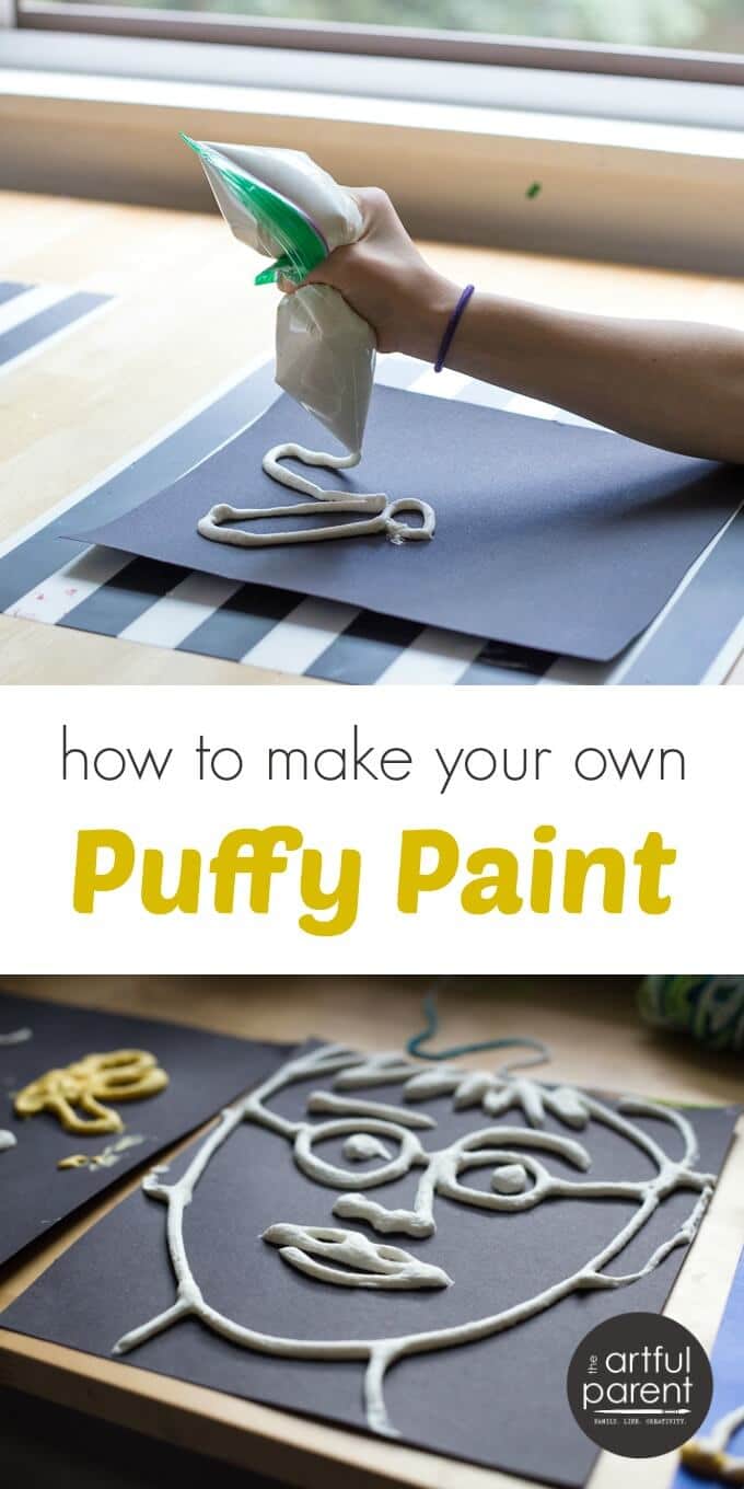 Como fazer a tinta puffy DIY para crianças com uma receita simples, um tutorial passo-a-passo, e fotografias. A pintura folhada caseira é fácil de fazer e muito divertida!