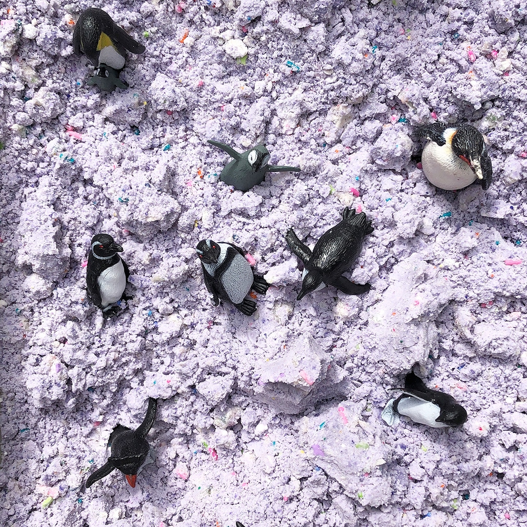 Purple cloud dough with penguins