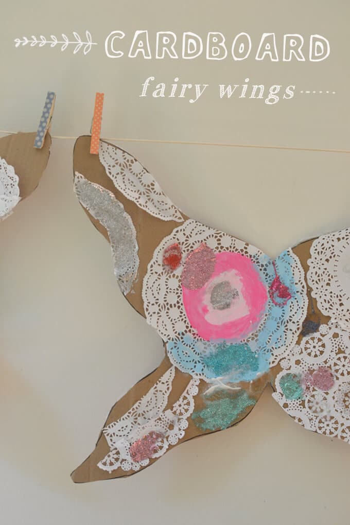 How to make fairy wings for kids and with kids using cardboard and paper doilies. These are simple to make & decorate + the doilies add an ethereal touch! #kidscraft #fairy #kidsactivities #artsandcrafts #craftsforkids #preschoolers 