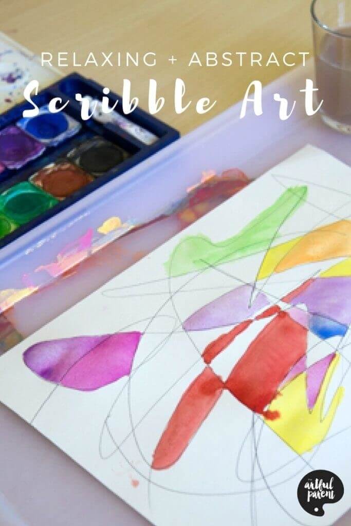 Combine scribble drawings with watercolors for a relaxing art activity that has beautiful results. A great process art activity for kids and adults alike! #kidsart #kidspainting #kidsactivities #artforkids #paintingtechniques #watercolorpainting 
